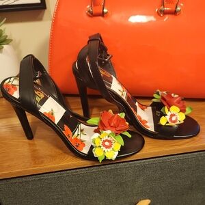 Mix No. 6 Black Floral Appliqué Heeled Sandals with Red and Yellow Accents